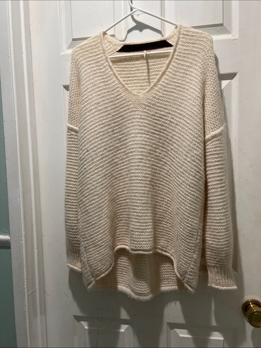 Free People Cream V-Neck Oversized Knit Sweater